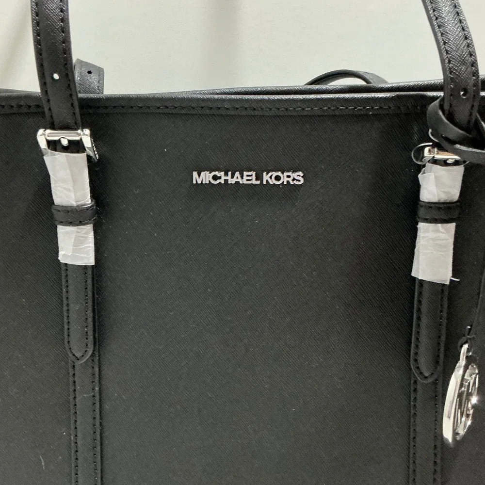 Michael Kors Charlotte Large Top Zip Tote Black Saffiano Leather Silver Hardware